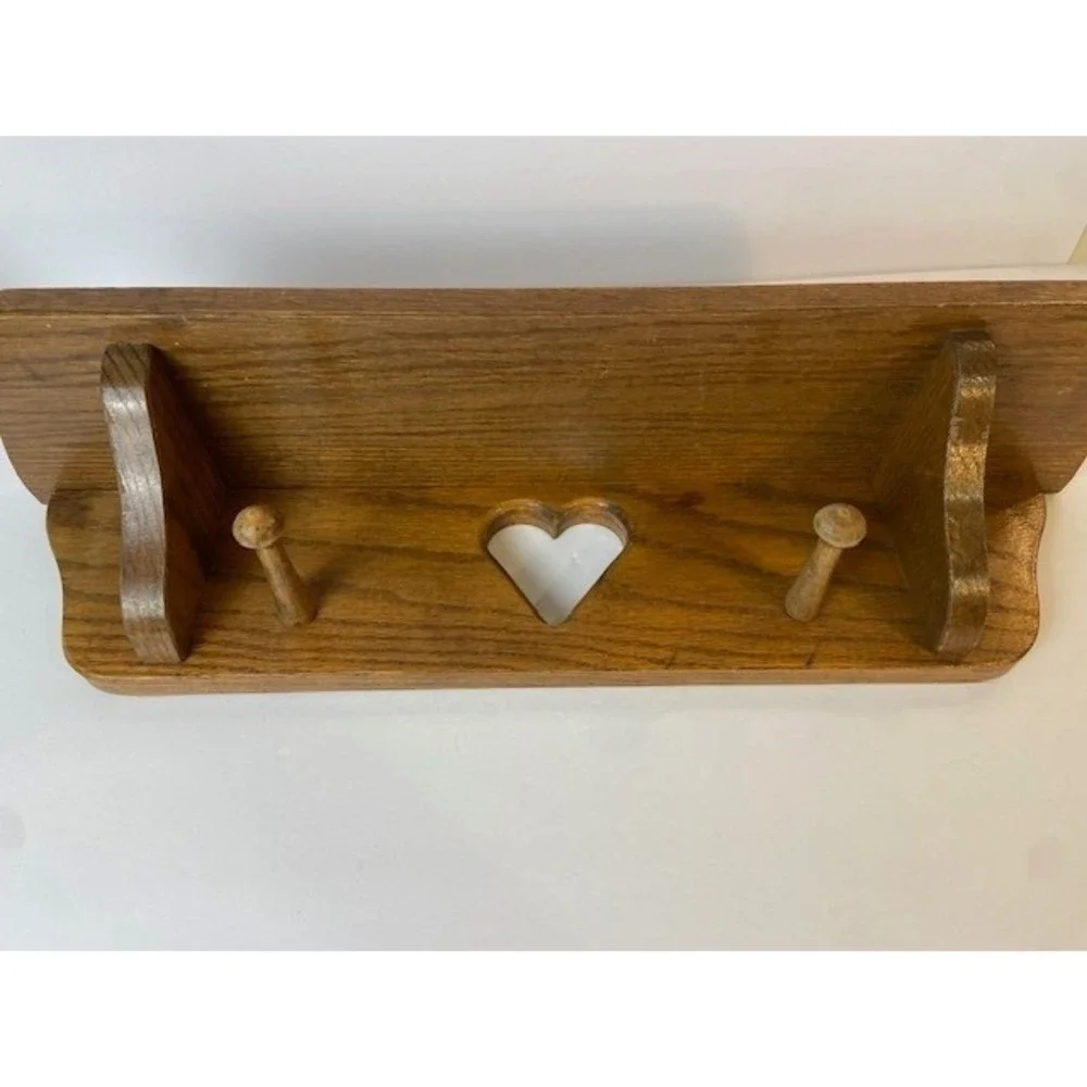 Vintage Wooden Heart Cutout Wall Shelf with Hanging Pegs Medium Oak Cottagecore